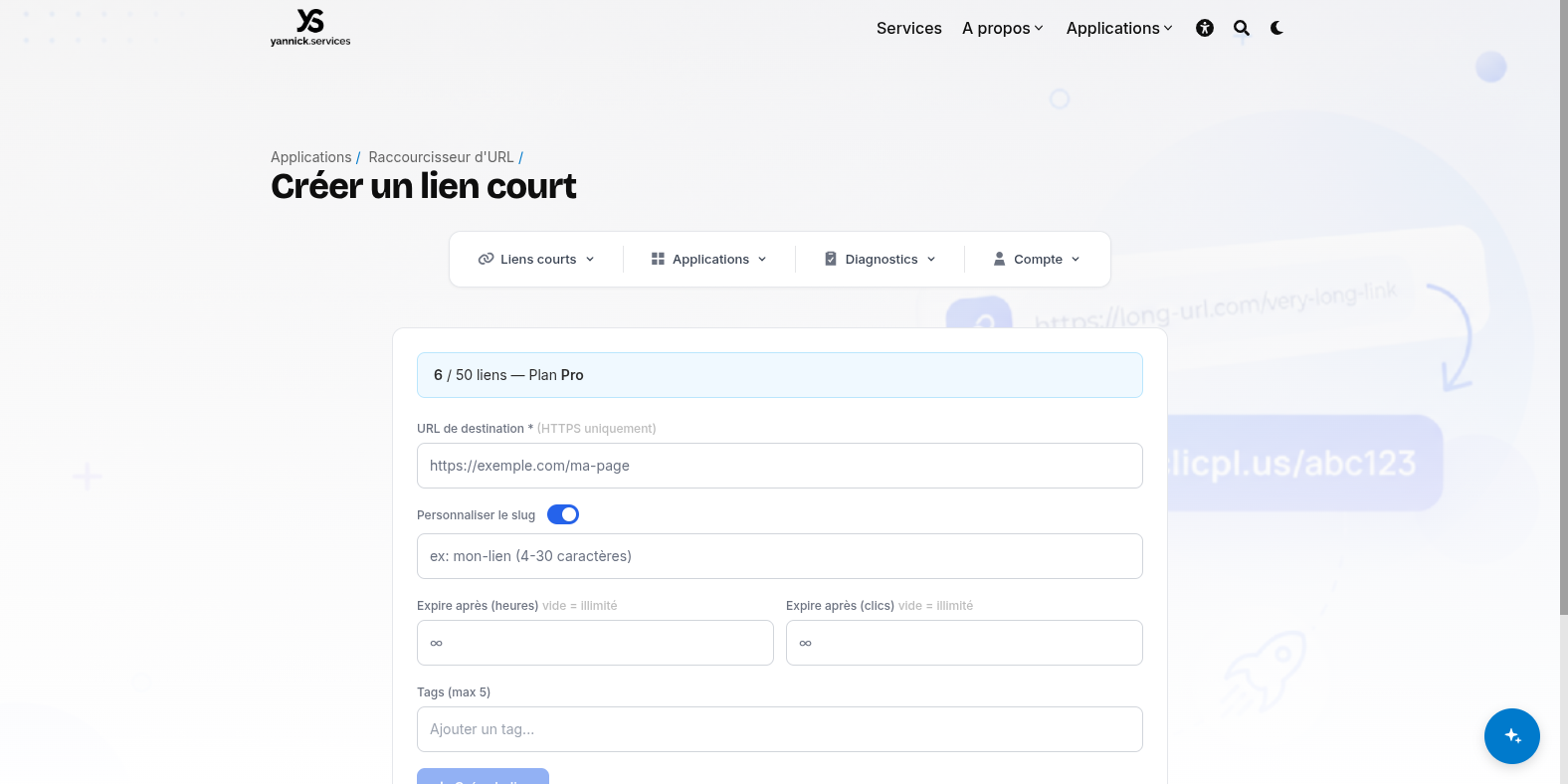 Formulaire de création d&rsquo;un lien court