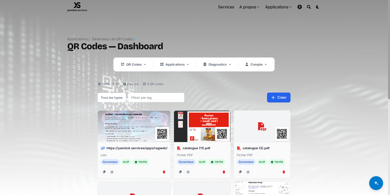 Dashboard avec QR codes