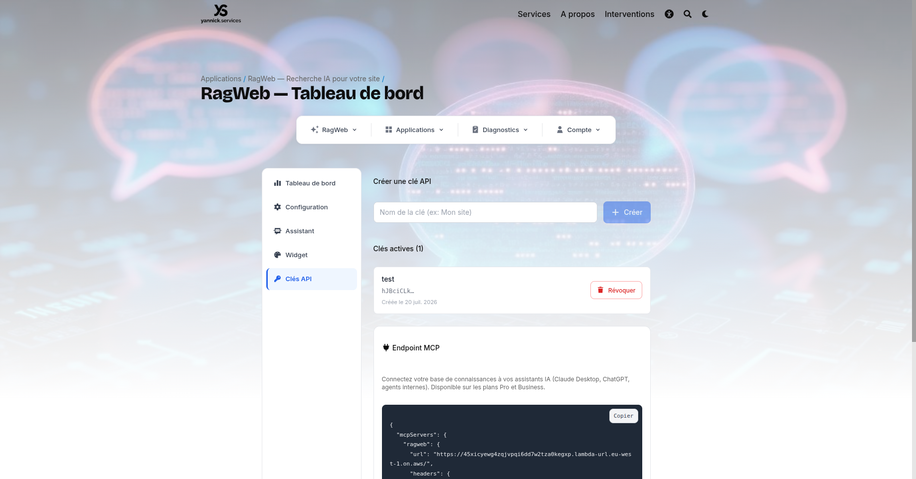 Onglet Clés API du dashboard