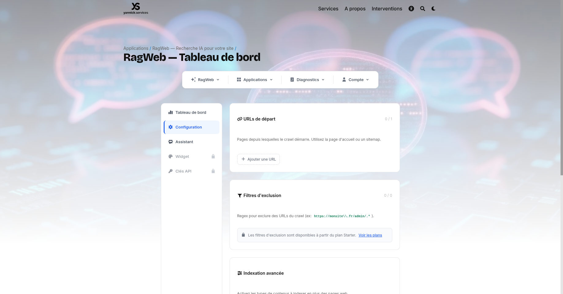 Onglet Configuration du dashboard RagWeb