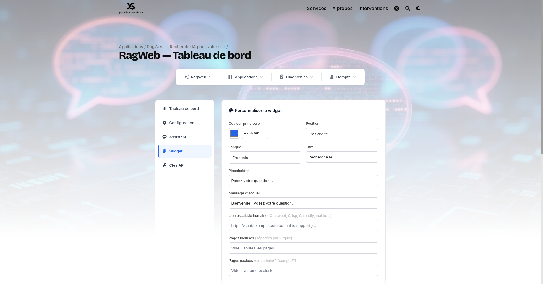 Onglet Widget — configurateur visuel