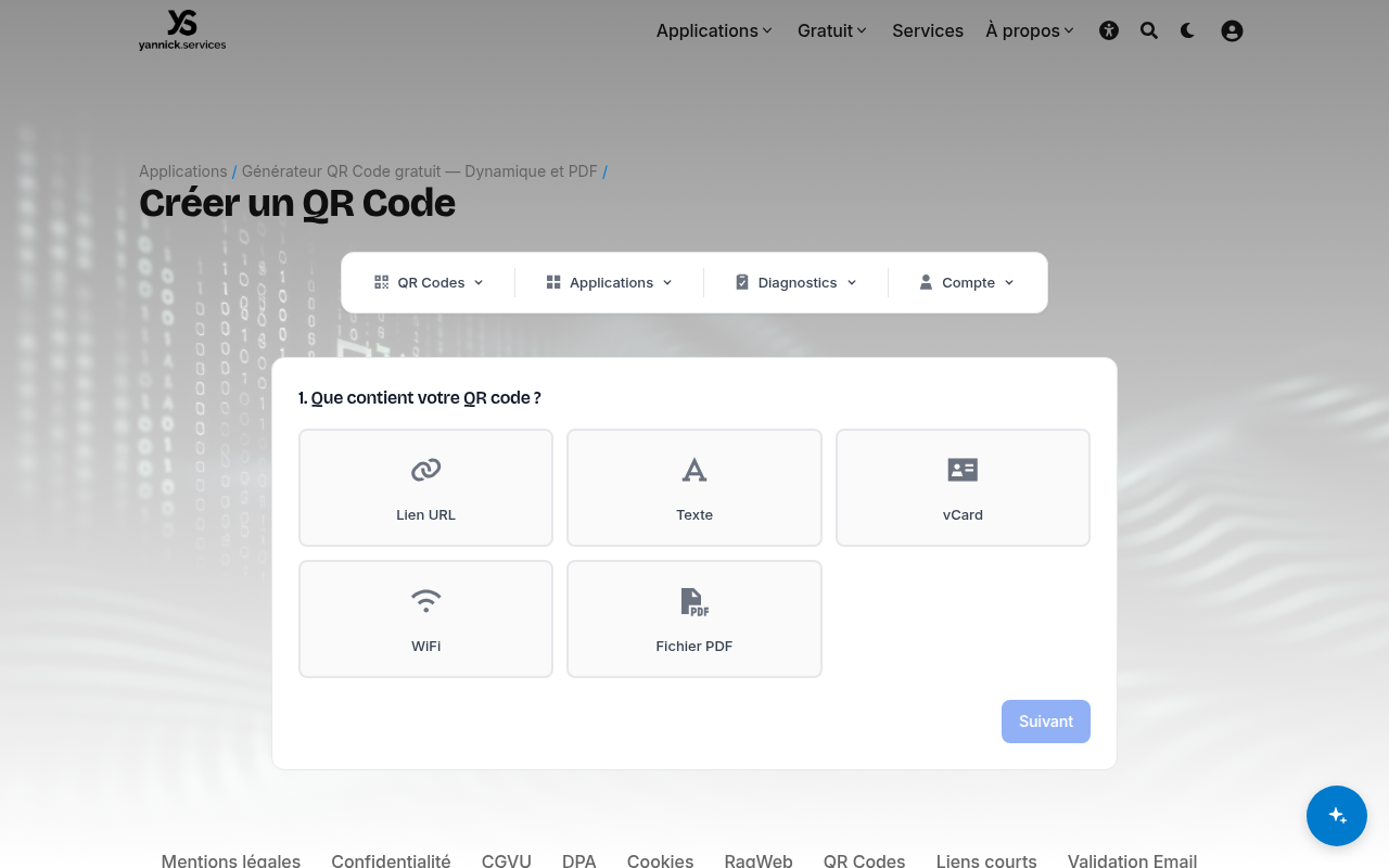 Dashboard QR Code — choix du type
