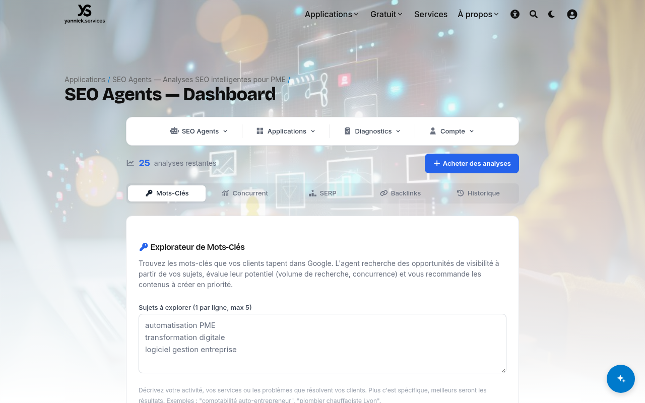 Dashboard SEO Agents — formulaire Mots-Clés