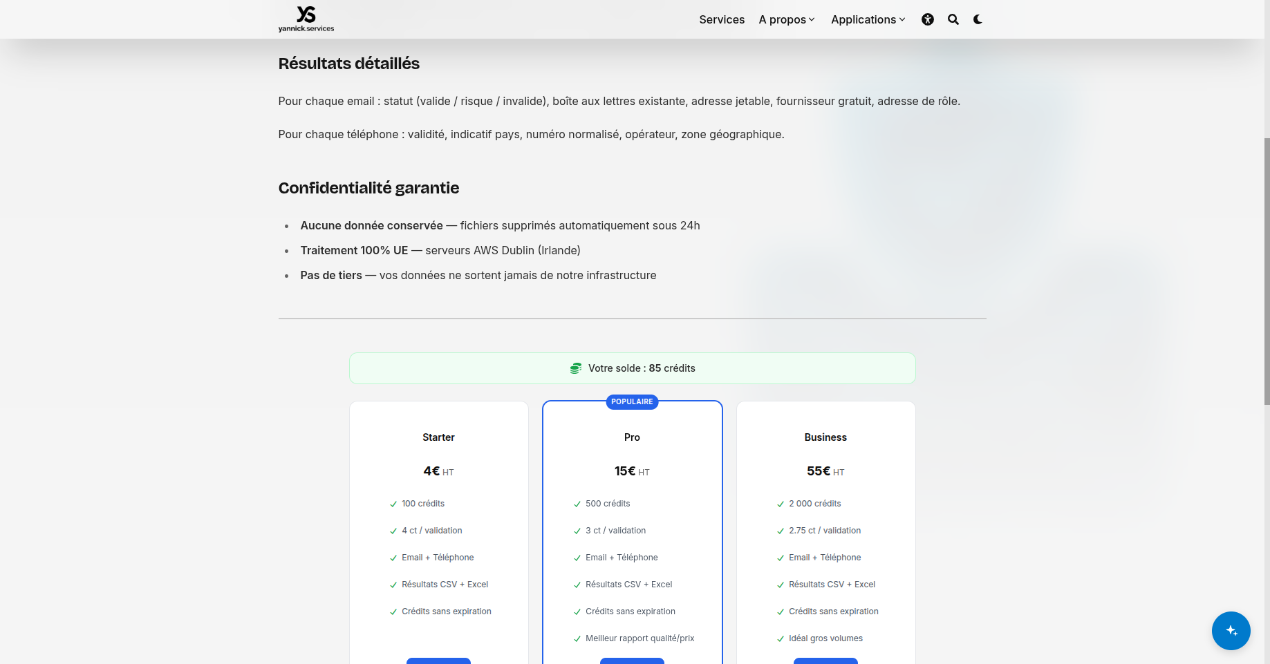 Page des packs de crédits